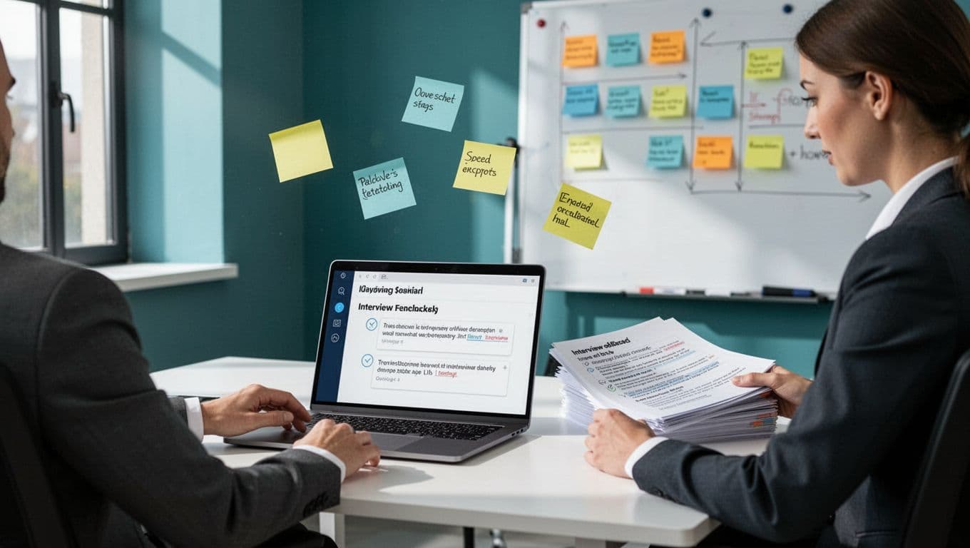 Recruiter at desk reviews feedback forms on laptop, team collaborates via notes in background.