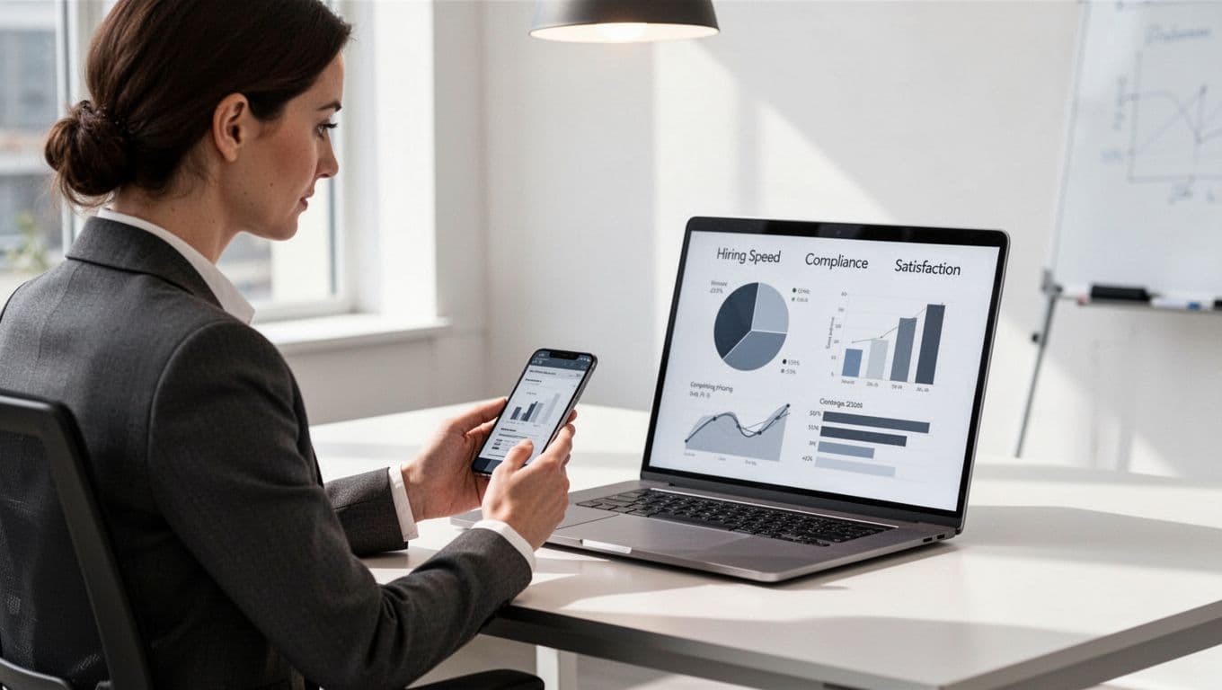 Recruiter in bright office examines laptop dashboard and mobile app showing time-to-hire charts, green compliance, and satisfaction scores.