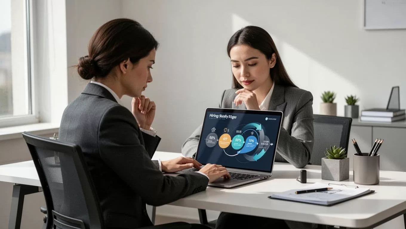 Recruiter at desk examines laptop dashboard showing sourcing, interviewing, and offer stages in sunlit office.