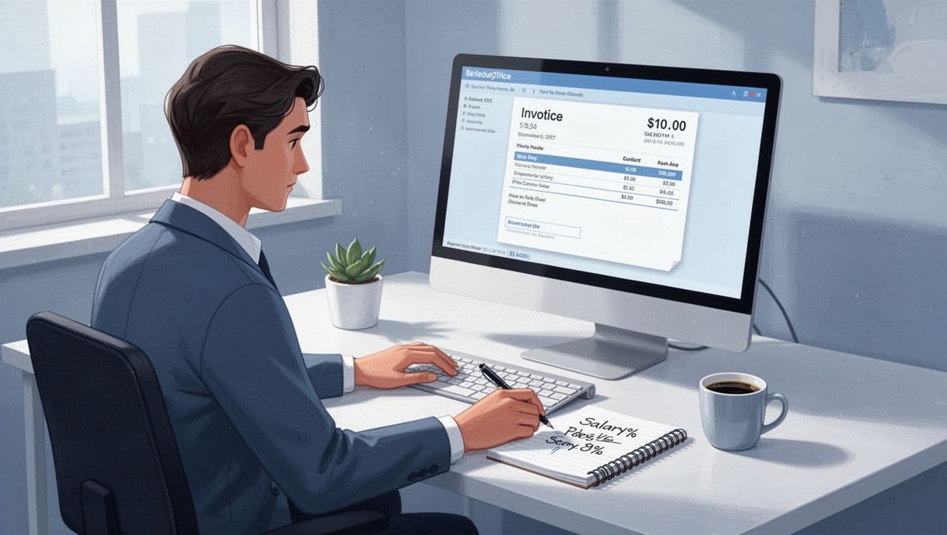 Recruiter in home office reviews highlighted placement fee on computer invoice screen with salary math on notepad.