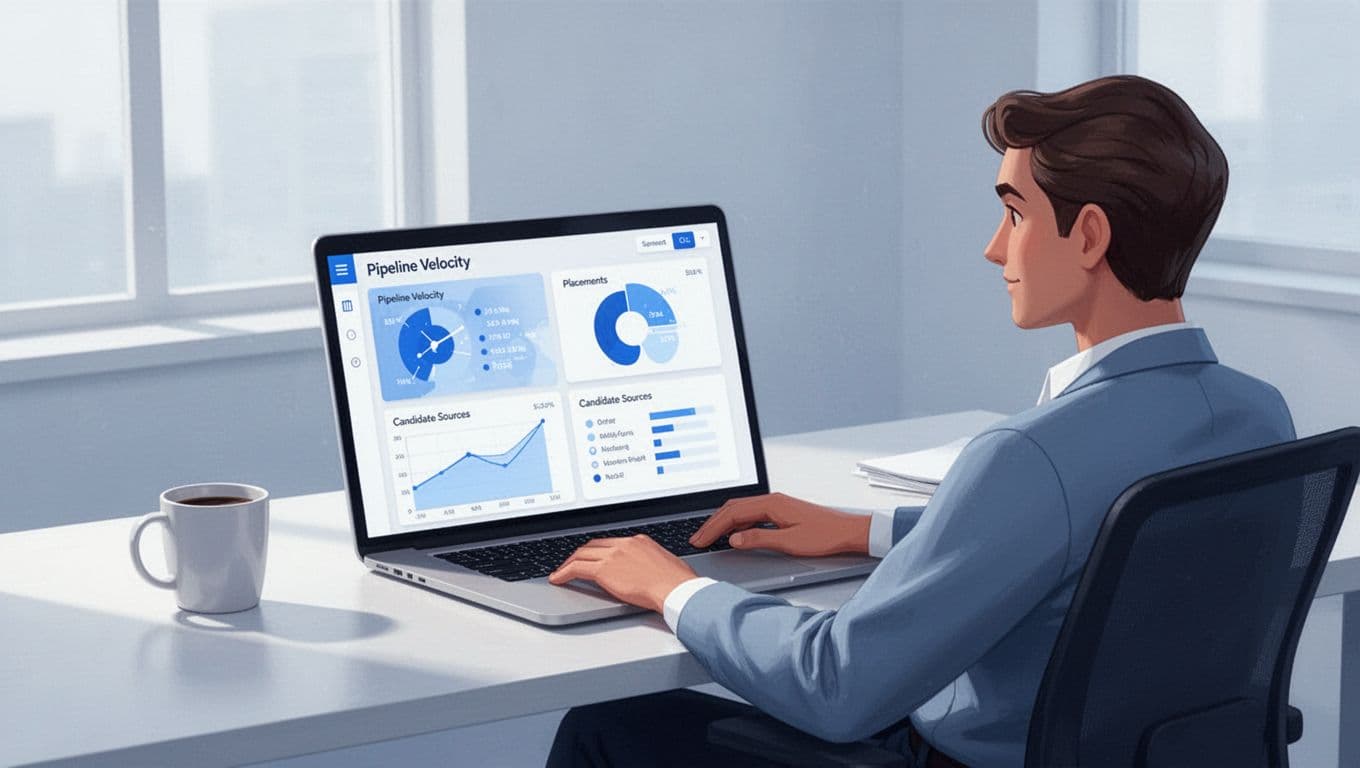 Recruiter relaxed at clean desk with coffee mug reviews laptop dashboard charts for pipeline velocity, placements, and candidate sources.