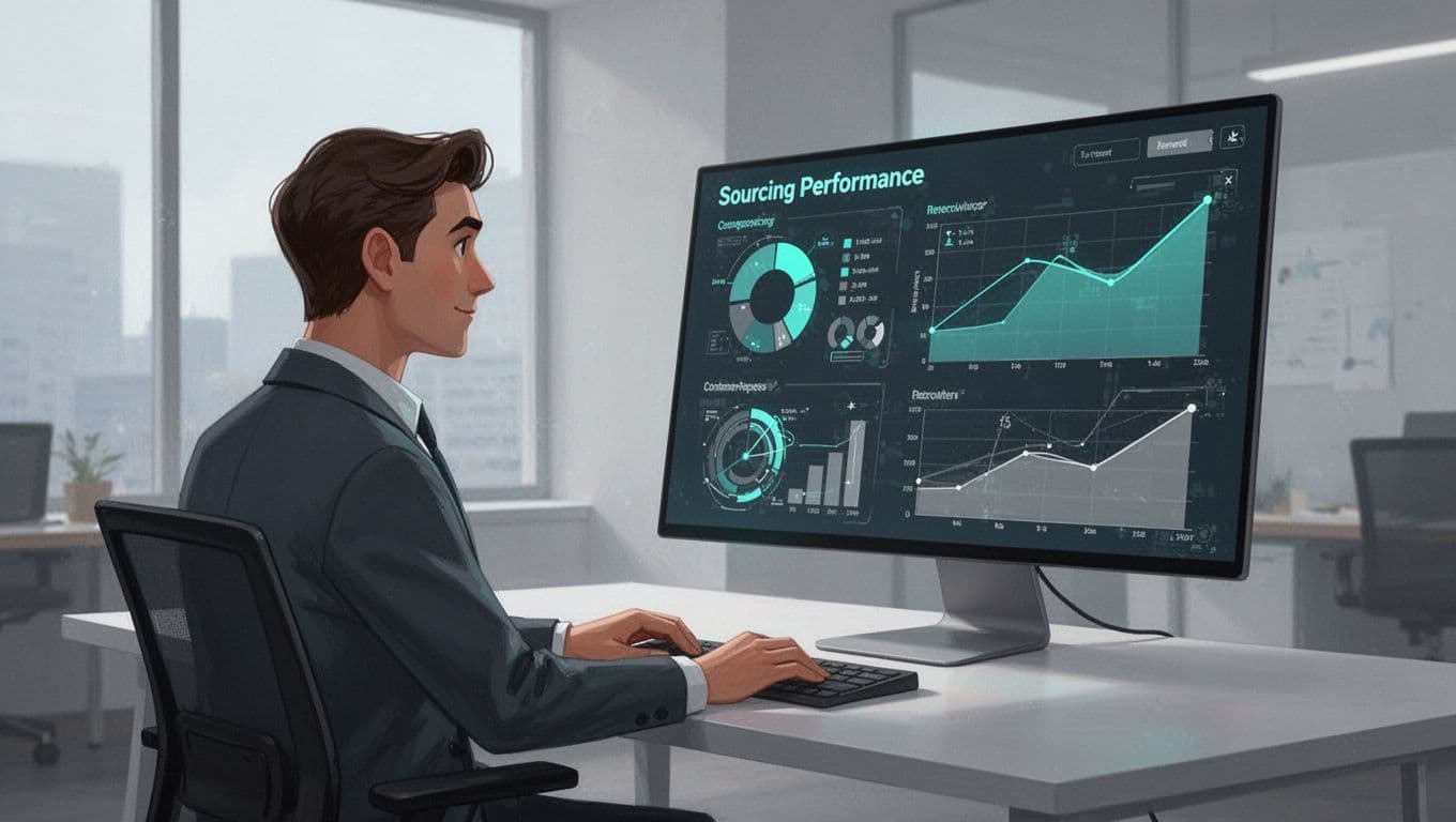 A recruiter reviews an analytics dashboard on a large monitor in a modern office, displaying charts for sourcing metrics like candidate volume, response rates, and pipeline fill. Side view illustration in teal and gray palette emphasizing data visualization.