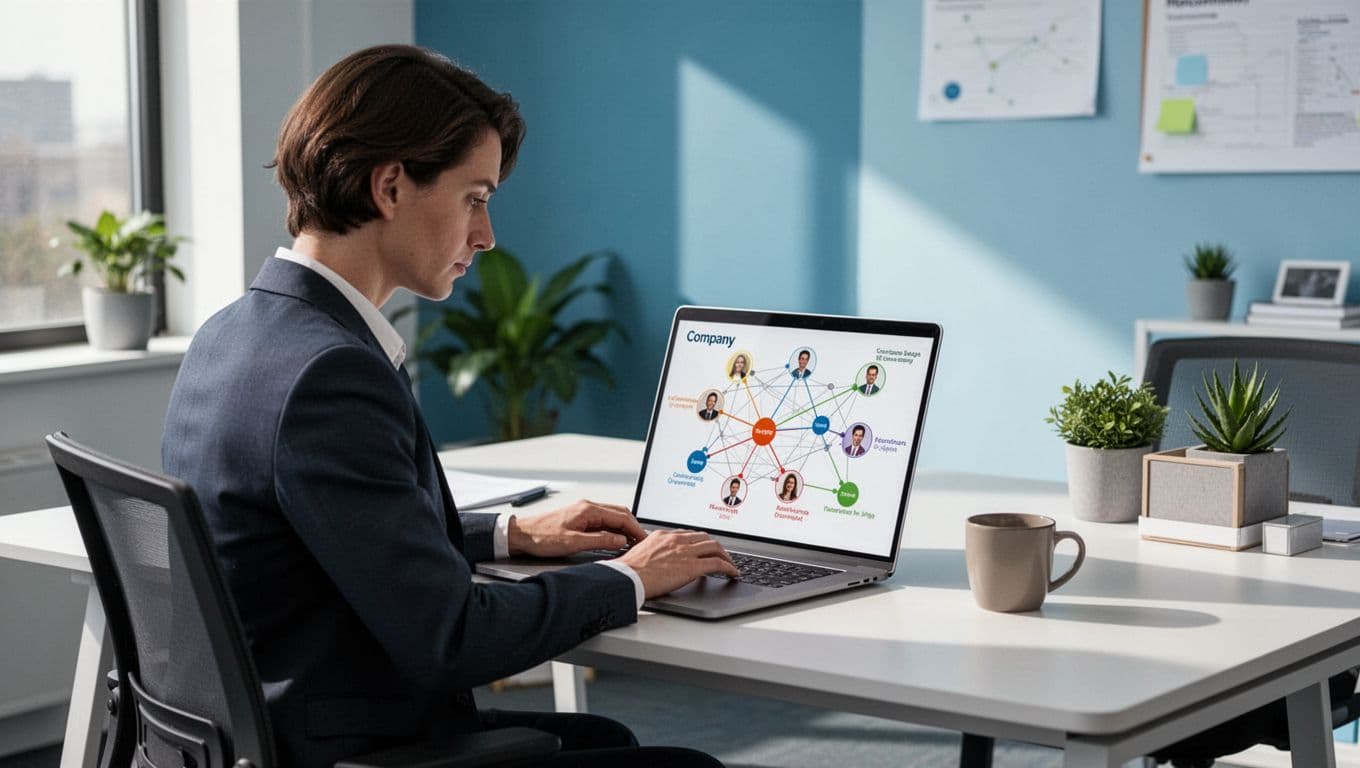 Recruiter at desk views laptop screen showing connected candidate profiles and company nodes in network graph, coffee mug nearby.