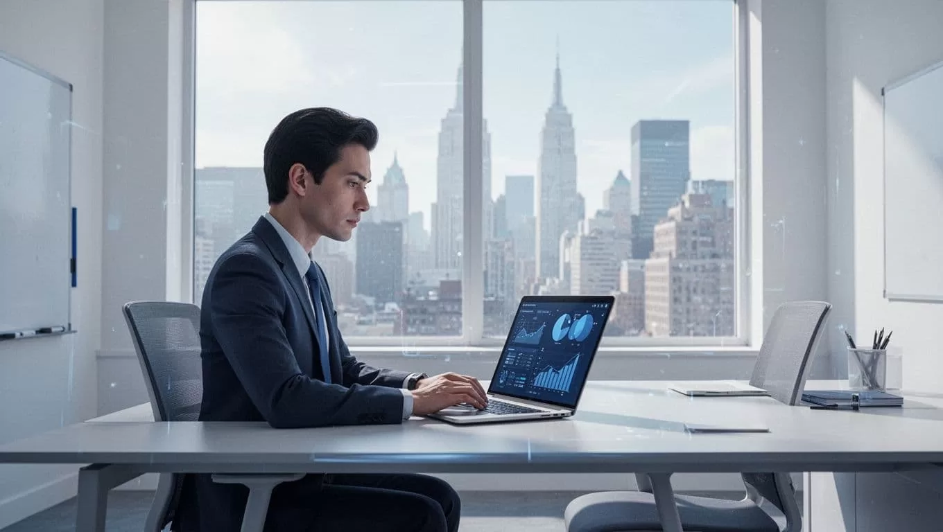 Recruiter at modern desk types keywords into resume database search on open laptop.