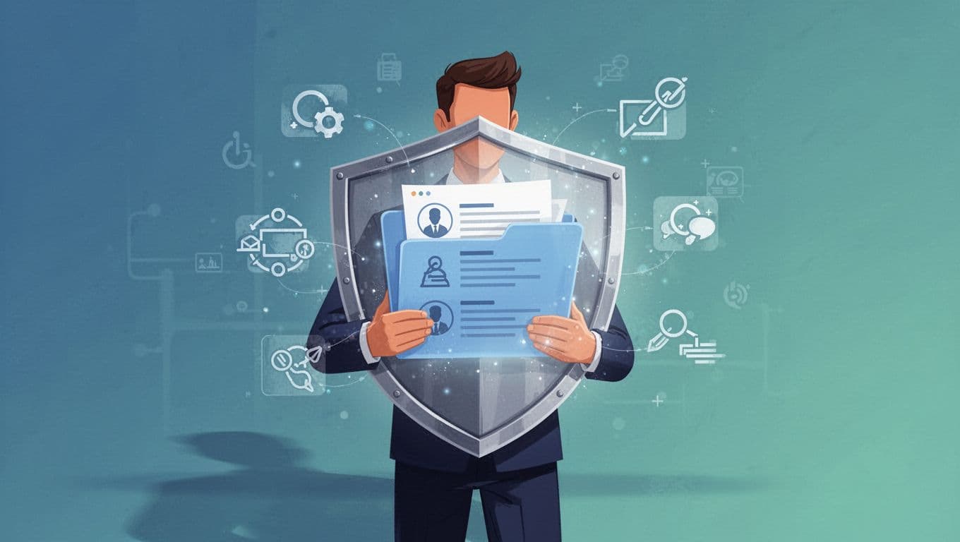 Recruiter shields digital resumes folder while email and interview icons flow safely.