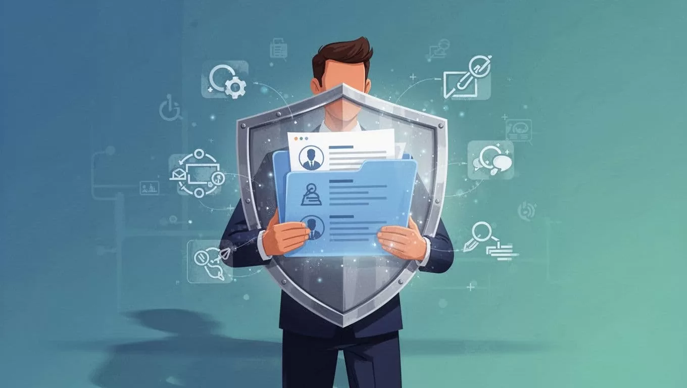 Recruiter shields digital resumes folder while email and interview icons flow safely.