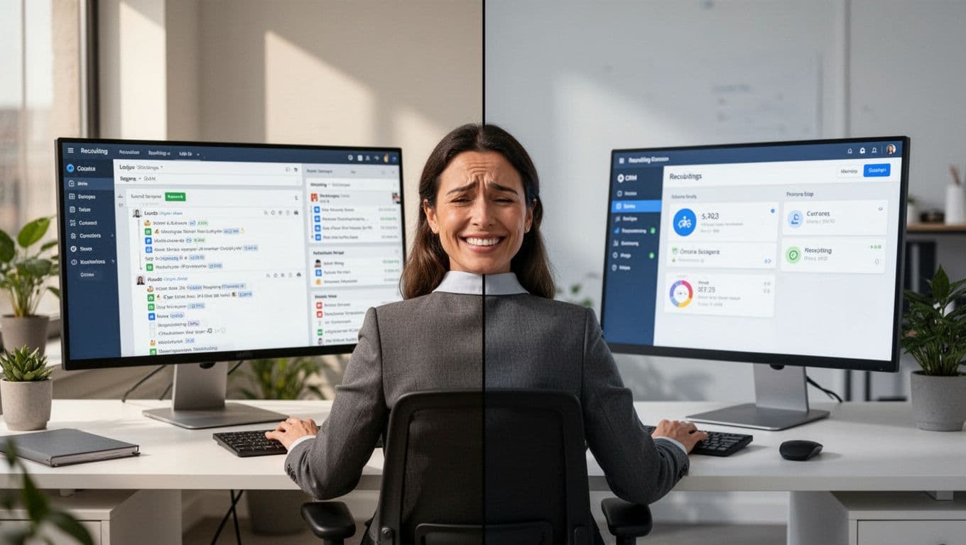 Relieved recruiter in office gazes at dual monitors showing split-screen transition from cluttered old software to sleek modern CRM.