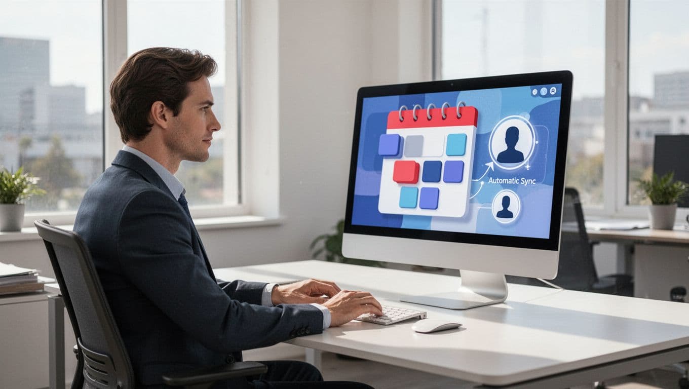 Recruiter at desk with hands on keyboard views screen showing calendar slots and candidate profiles syncing.