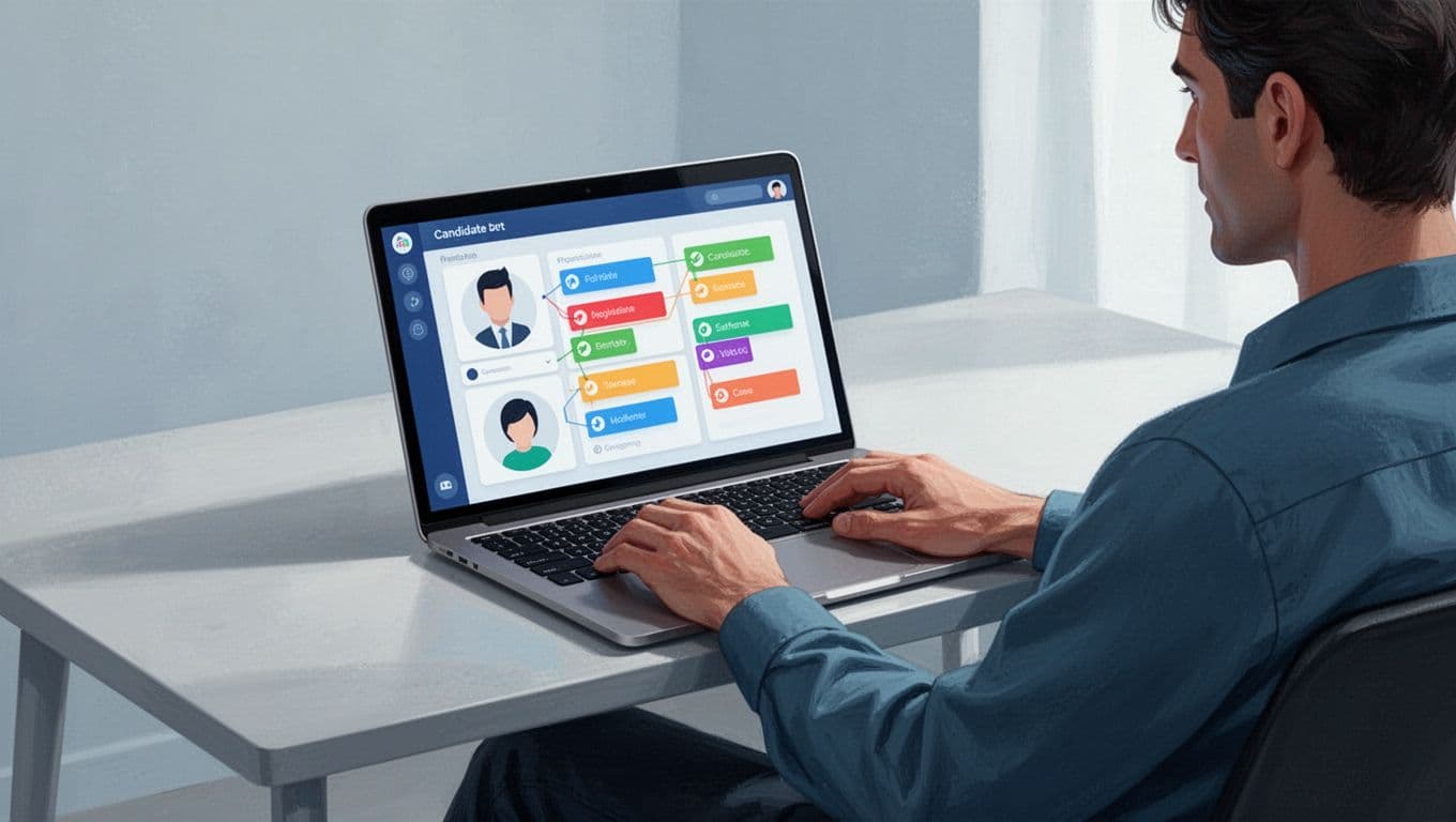 Recruiter sits relaxed at desk with laptop showing candidate profiles tagged with skills and companies.