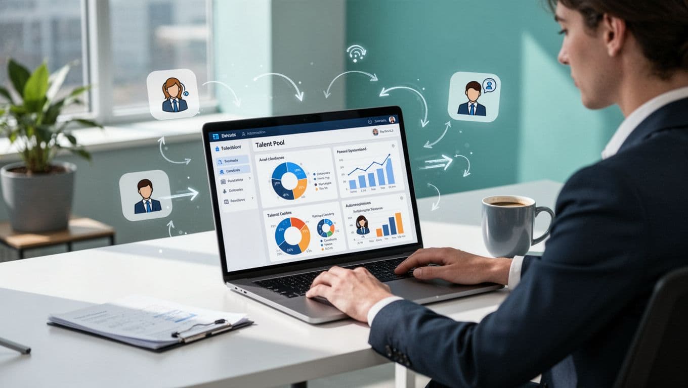 Recruiter seated at desk in modern office views laptop screen showing segmented candidates, automation arrows, and workflow icons.