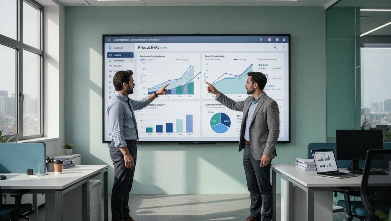A team of three recruiters in a modern collaborative office reviews parsed candidate data on a shared screen displaying charts of improved productivity and faster hiring. Illustration in clean shapes with blue and green colors, bright lighting, and strong composition.