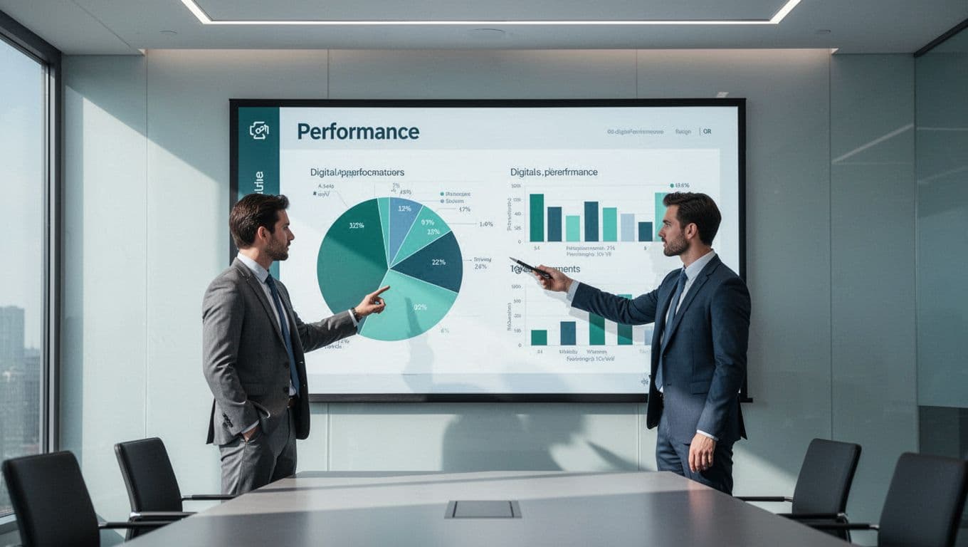 Modern illustration of a recruiter team in a conference room reviewing a custom report on a large screen with pie charts showing recruiter activity and KPIs like placements and conversion rates.