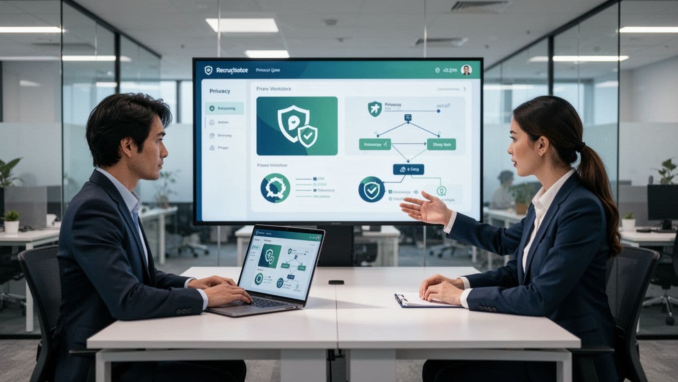Two recruiters in modern office review secure dashboard on shared screen and laptop with privacy icons.
