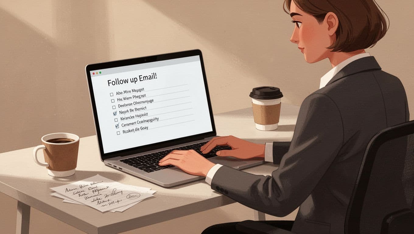 Recruiter types follow-up email on laptop viewing CRM list, hand relaxed on keyboard, coffee and notes nearby.