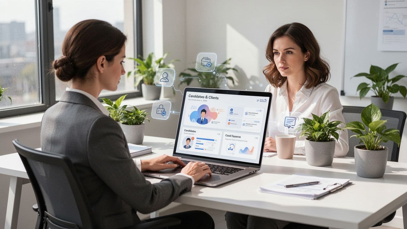 Recruiter at desk with laptop showing candidates-clients dashboard and floating workflow icons in plant-filled office.