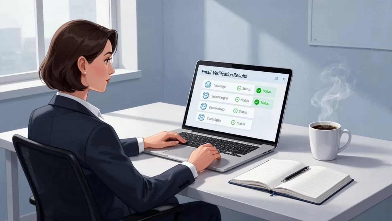 A recruiter relaxes in a calm modern workspace, checking email verification results on a Hunter.io laptop screen featuring status icons, accompanied by a coffee mug and notebook.