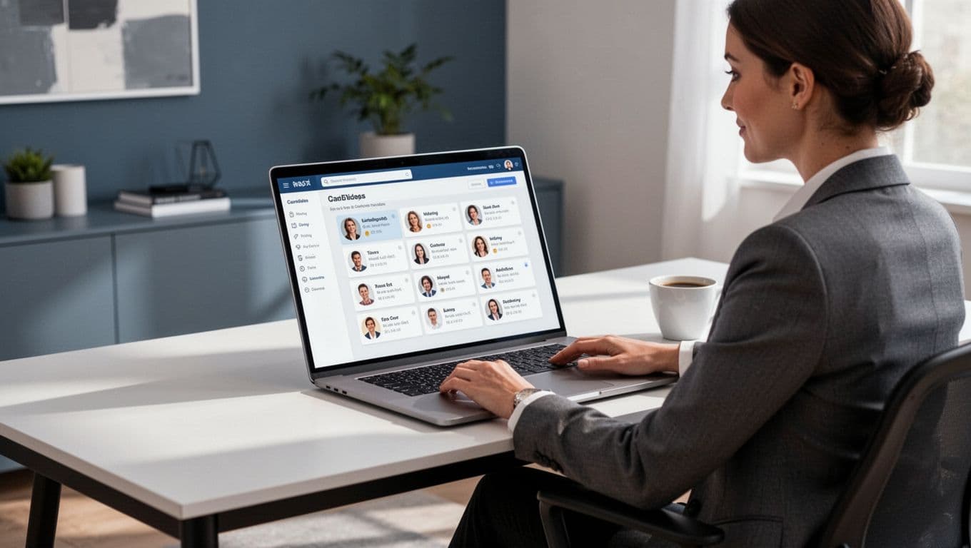Recruiter in home office views laptop screen showing candidate profiles and pipeline stages, coffee nearby.