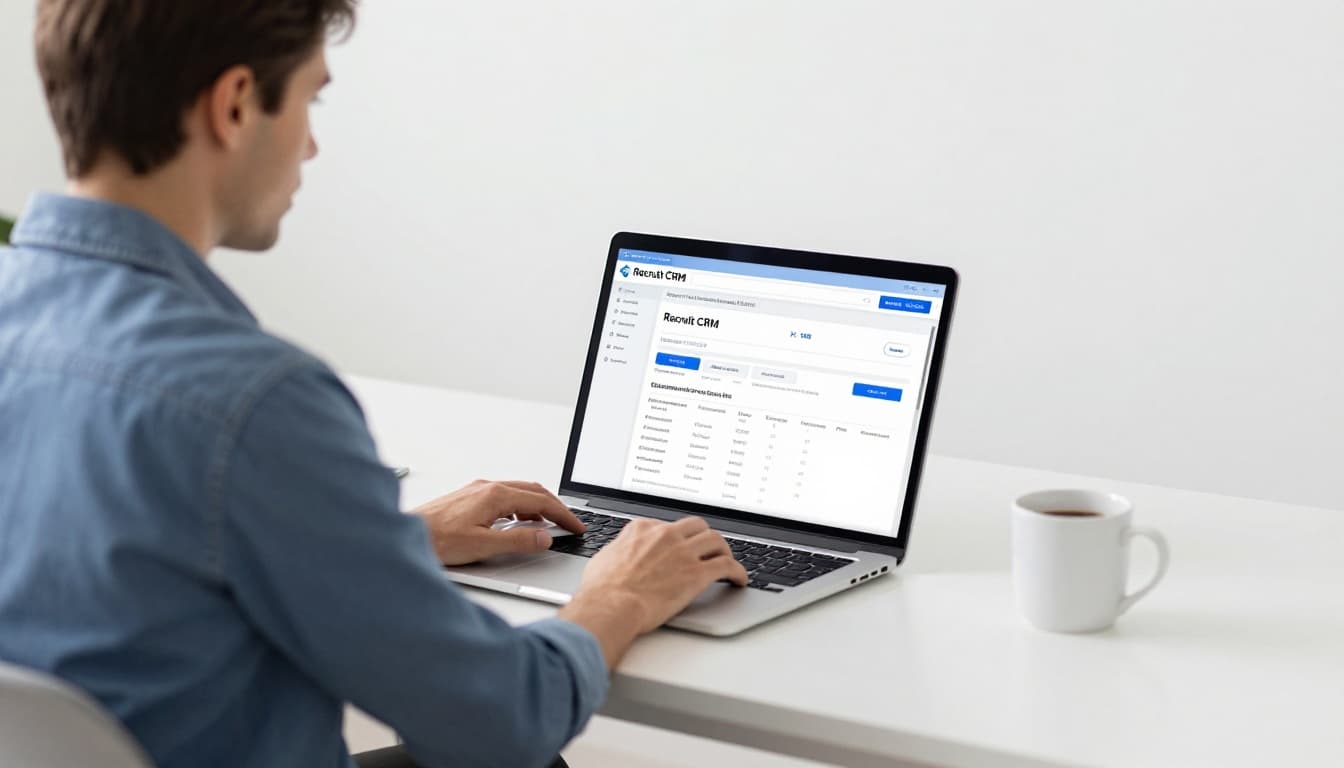 Recruiter sits at modern desk in bright office, viewing Recruit CRM dashboard with placement details and fees on laptop.