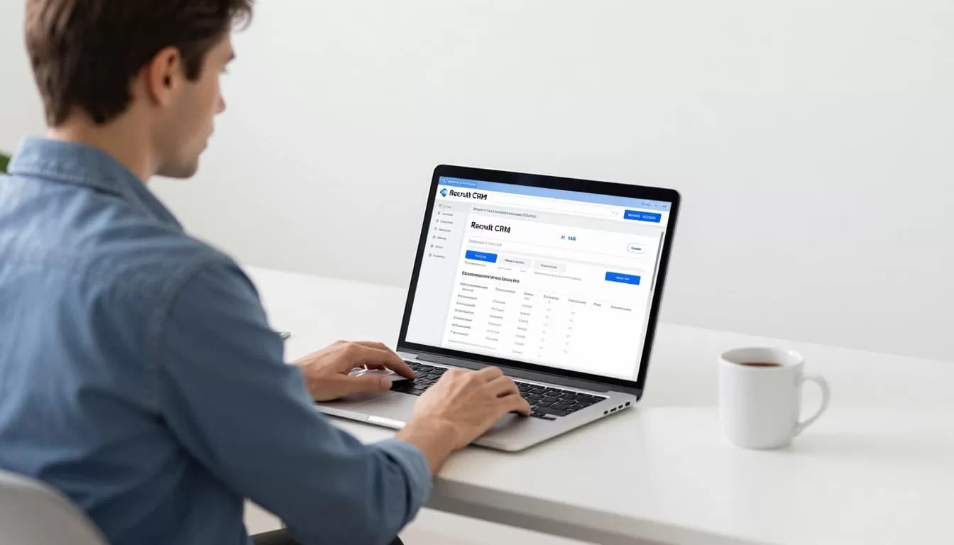 Recruiter sits at modern desk in bright office, viewing Recruit CRM dashboard with placement details and fees on laptop.