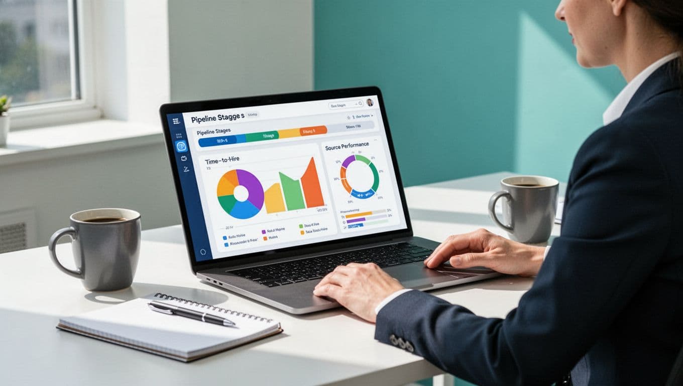 Recruiter at clean desk views laptop screen with colorful charts for pipeline stages, time-to-hire, and source performance, beside coffee mug and notepad.