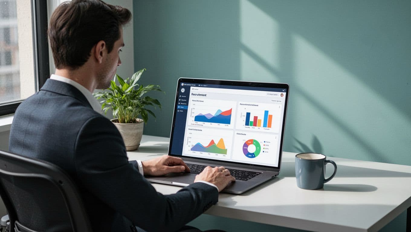 Modern illustration of a recruiter at a desk viewing a clean dashboard on a laptop screen showing recruitment metrics like submissions, interviews, and placements charts. Office setting with plants and coffee mug, soft natural lighting, blue and green palette.