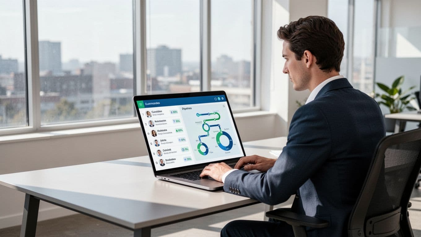 Modern illustration of a recruiter at a modern desk in a bright office, viewing a laptop displaying a recruitment dashboard with candidate lists and pipelines. Clean shapes, blues and greens palette, strong composition, natural lighting.
