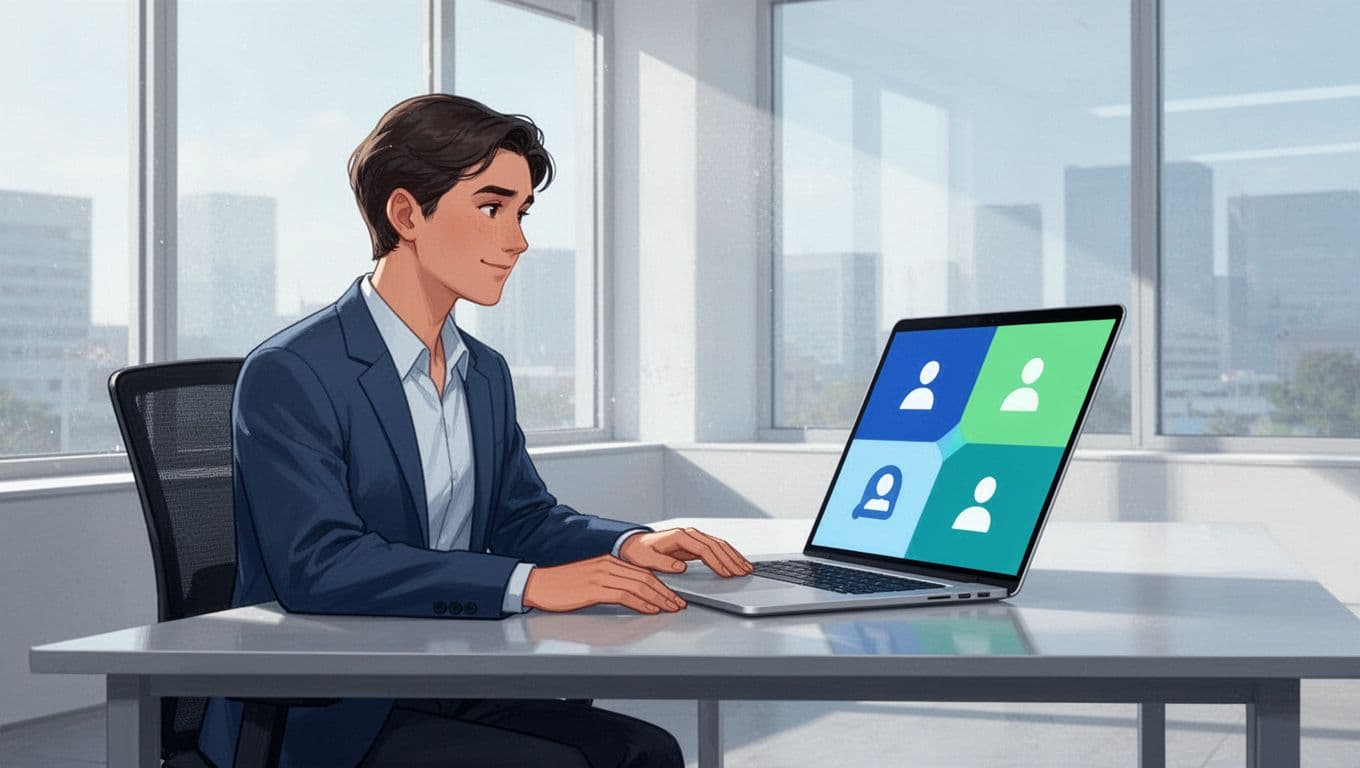 Modern illustration of a recruiter at a desk in a bright office, examining segmented contact lists and tags on a laptop screen.