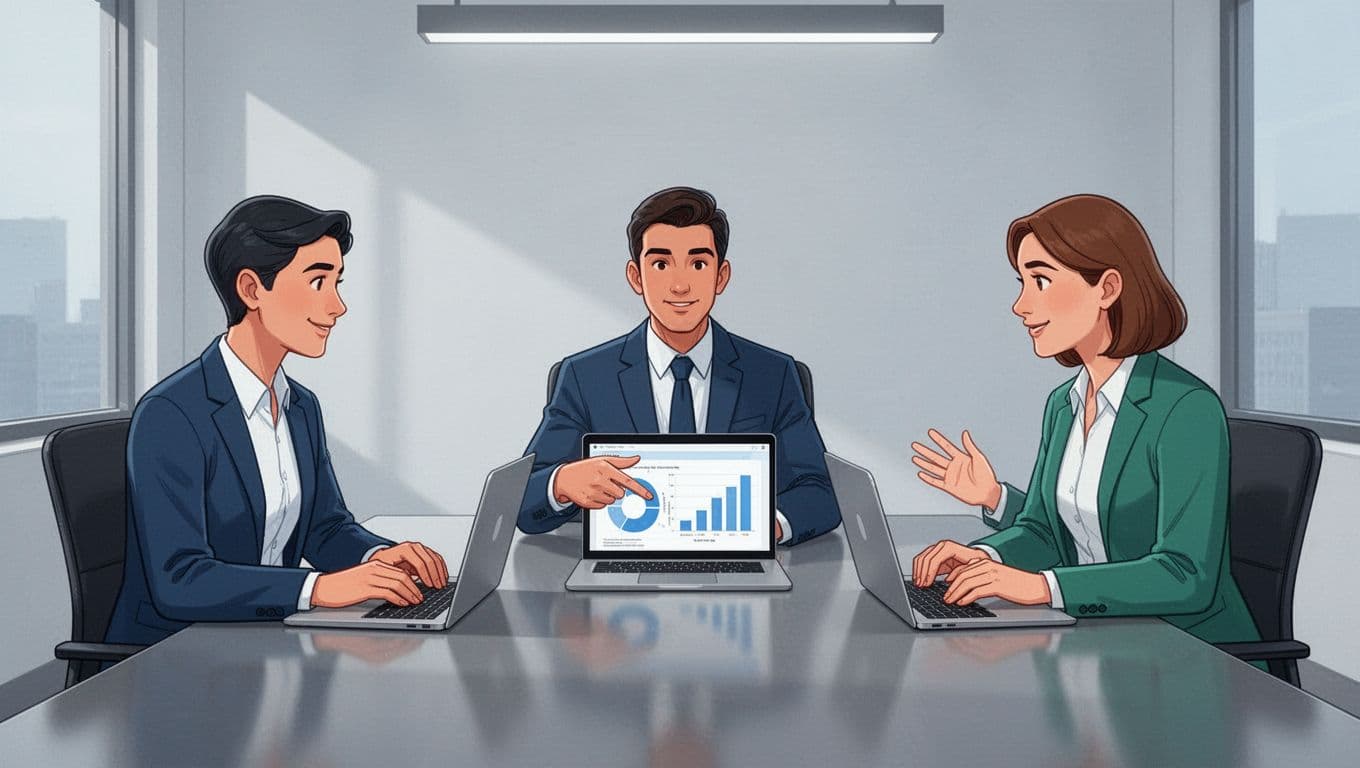 Three recruiters around a conference table with open laptops showing charts, one pointing to a screen.