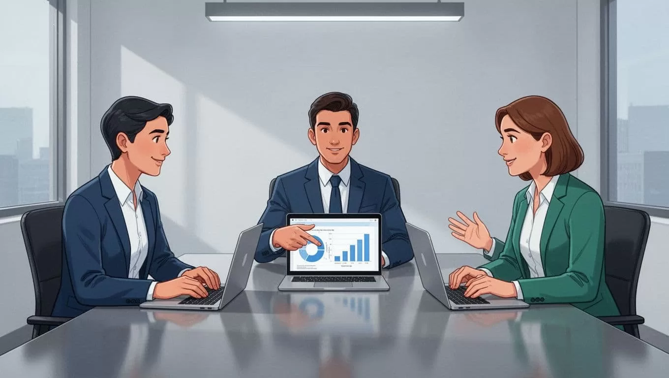 Three recruiters around a conference table with open laptops showing charts, one pointing to a screen.