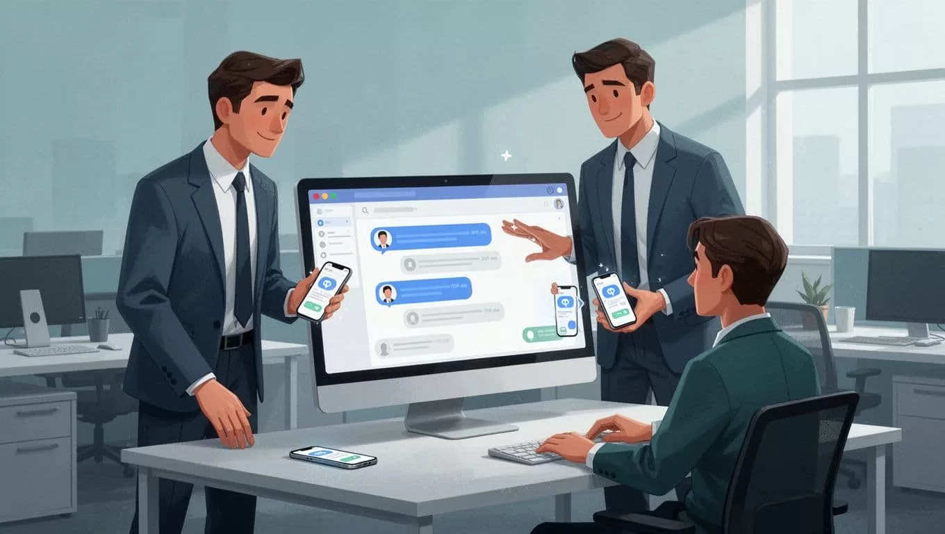 Three recruiters, two standing and one sitting, collaborate around a shared screen showing Recruit CRM with mobile chat notifications of candidate responses.