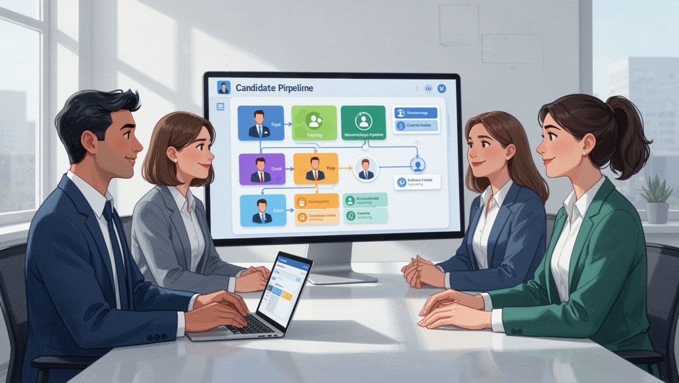 Three recruiters collaborate around a large monitor showing a colorful Kanban board with candidate pipelines in a bright office.
