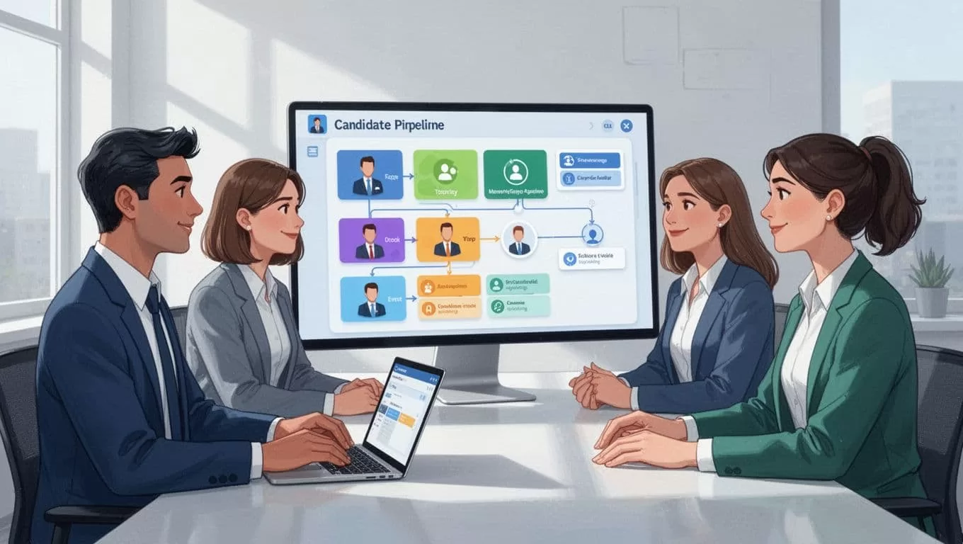 Three recruiters collaborate around a large monitor showing a colorful Kanban board with candidate pipelines in a bright office.
