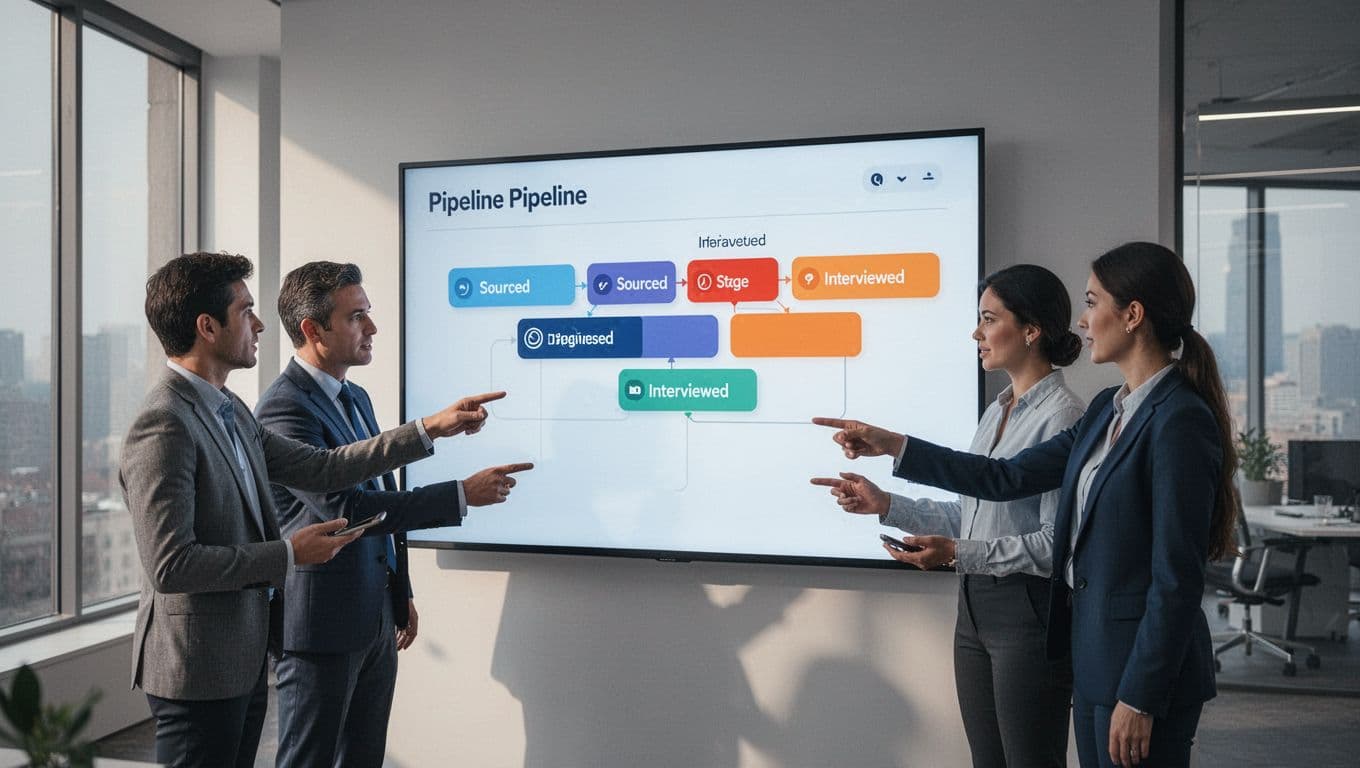 Three recruiters point at a large wall screen showing candidate cards moving through pipeline stages in a modern office.
