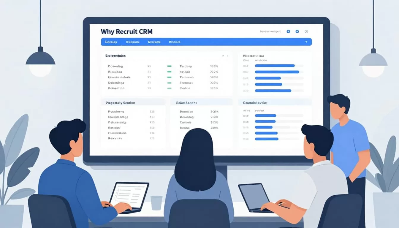 Modern illustration of three recruiters in an open office collaborating around a large screen showing CRM charts for staffing metrics like placements and revenue, in blues and whites with relaxed poses and soft lighting.