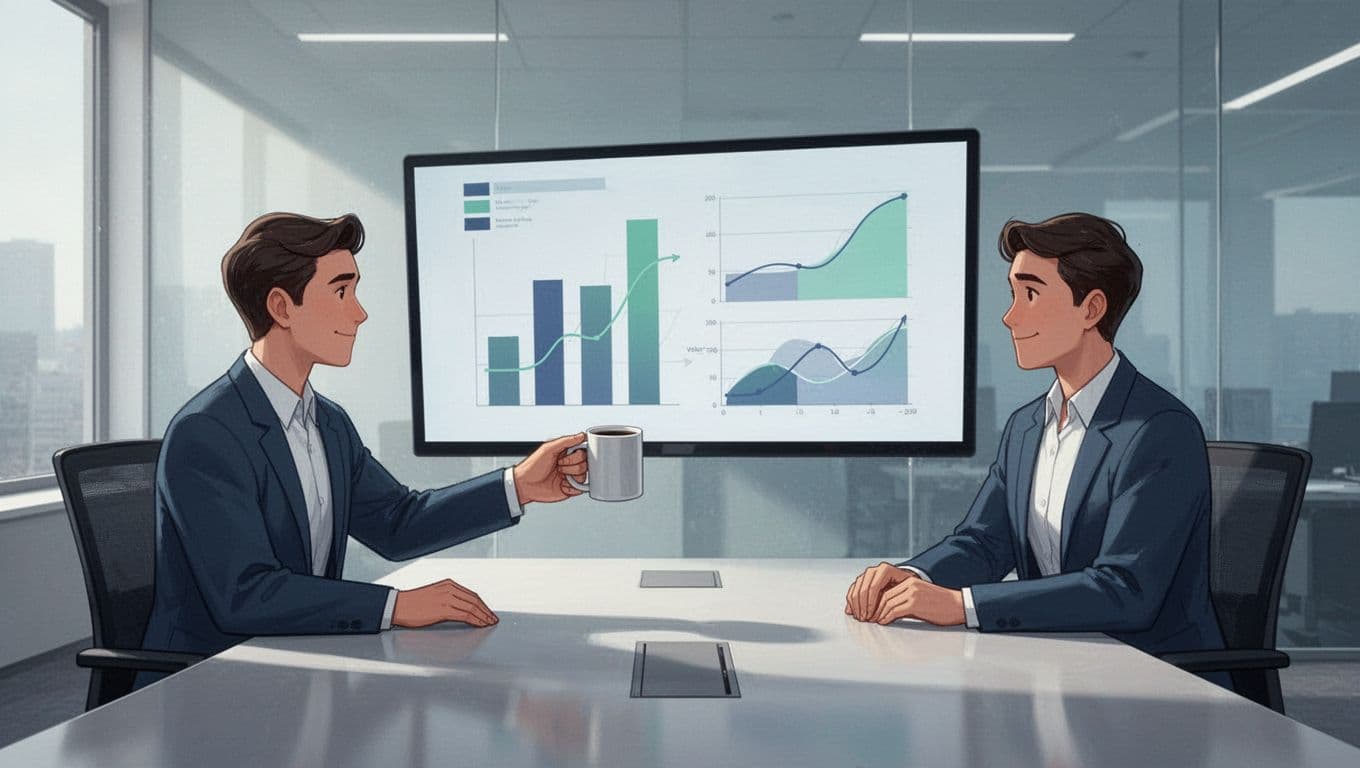 Modern illustration of two recruiters collaborating around a shared screen with candidate pipeline reports, bar charts, and velocity metrics in a relaxed office setting.