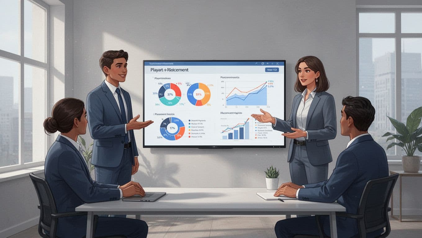 Three recruiters in a boutique office review charts on a shared screen showing placement metrics.