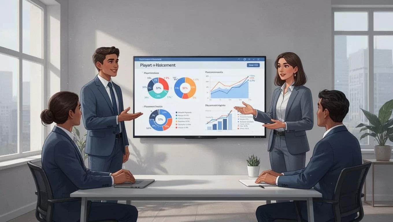 Three recruiters in a boutique office review charts on a shared screen showing placement metrics.