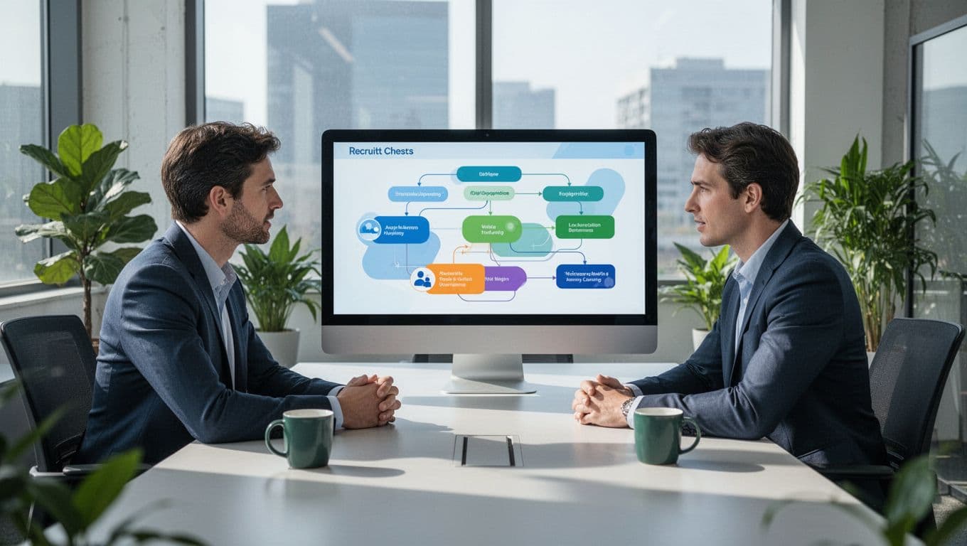Three recruiters around shared screen showing candidate pipeline with notes in modern office.