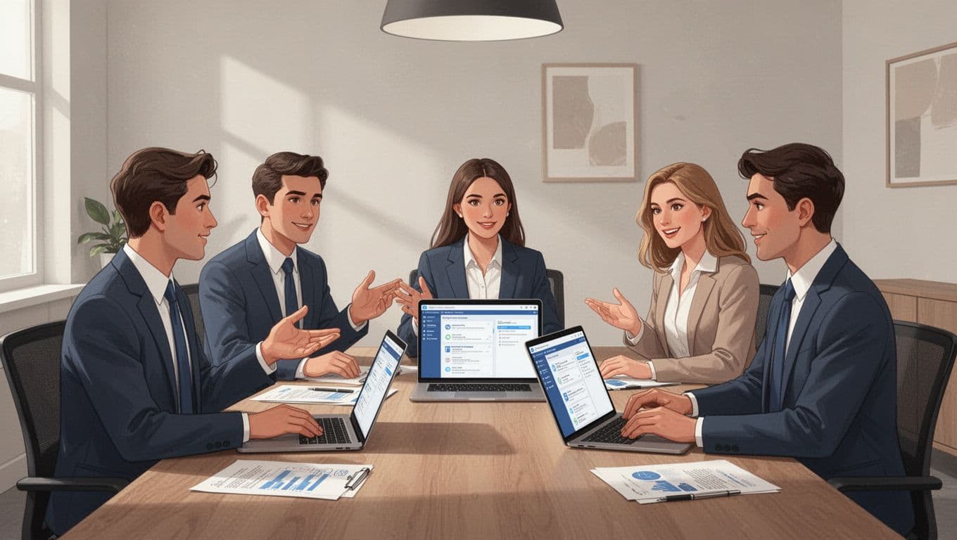 Three recruiters in a conference room discuss training on open laptops, one screen angled visibly.