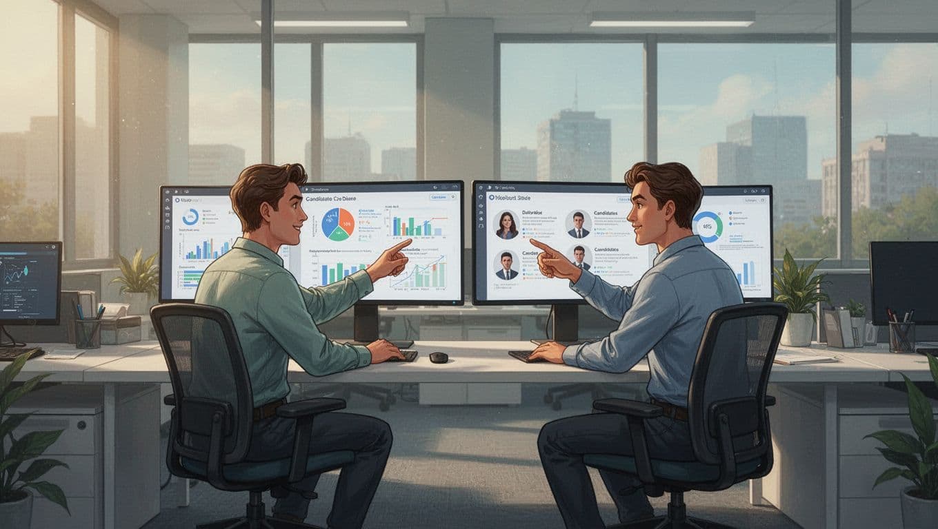 Two team members discuss charts and candidate profiles on shared screens in open office with warm window light.