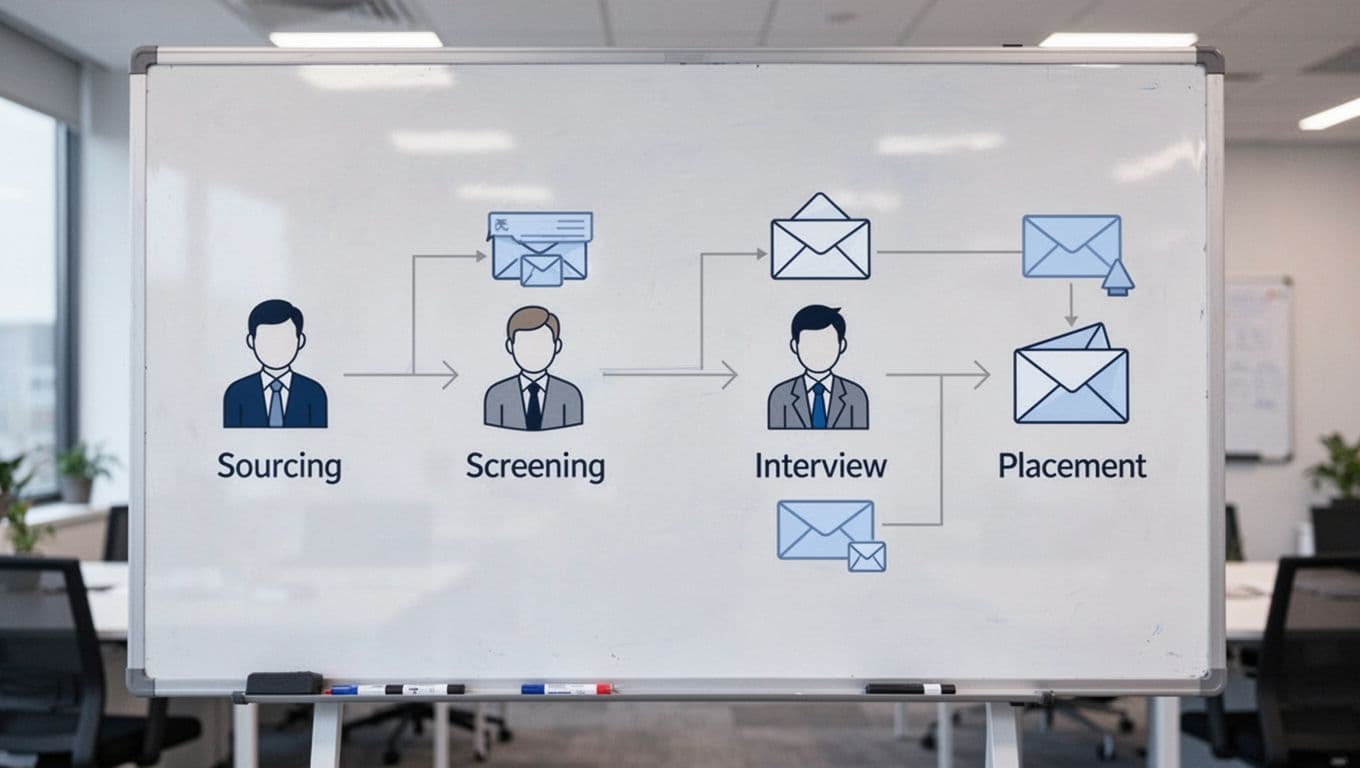 Flowchart on digital whiteboard shows recruiting stages with candidate, client, email icons connected by lines.