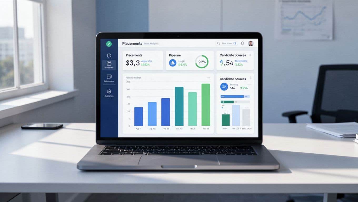 Modern illustration of a laptop screen displaying a clean recruitment analytics dashboard with bar charts for placements, pipeline metrics, and candidate sources, on a professional office desk with soft natural lighting in blues and greens.