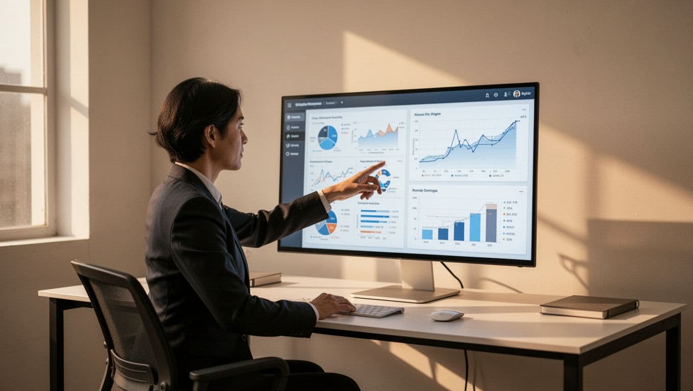 Recruiter points at charts showing placements and pipeline velocity on large monitor in simple office.