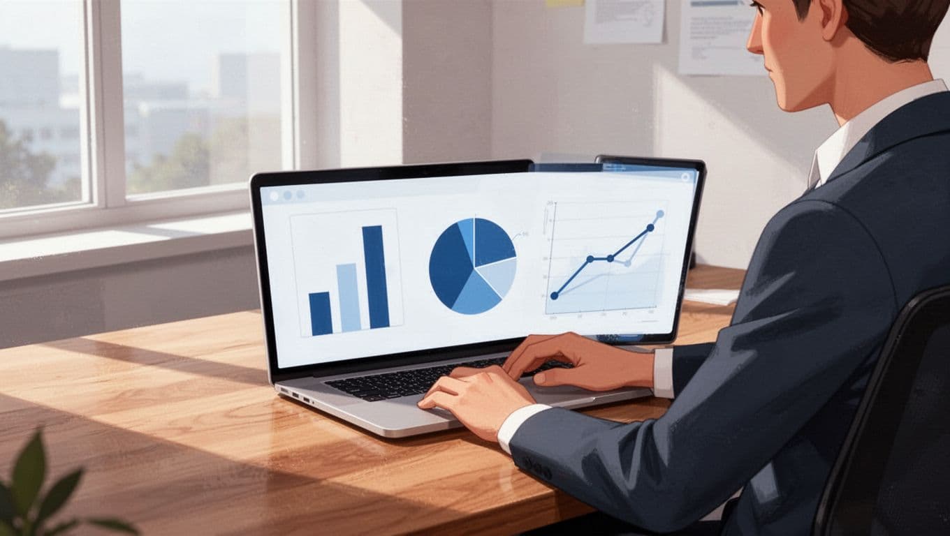 Laptop on wooden desk in bright office shows recruitment dashboard with time-to-hire bar graph, fill-rate pie chart, and productivity line graph.