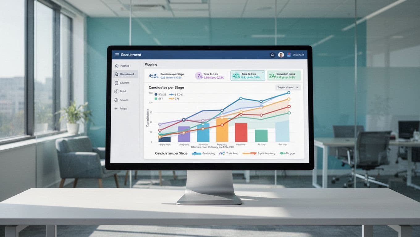 Computer monitor in modern office displays recruitment dashboard charts for candidates per stage, time-to-hire, and conversion rates.