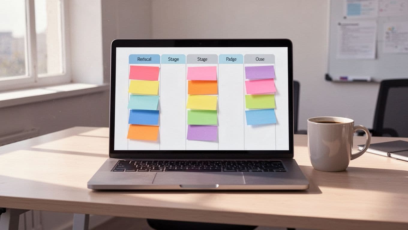 Laptop screen shows Kanban board with colorful candidate cards in Sourced, Screened, Interviewing, Offered, Hired columns on office desk with coffee mug.