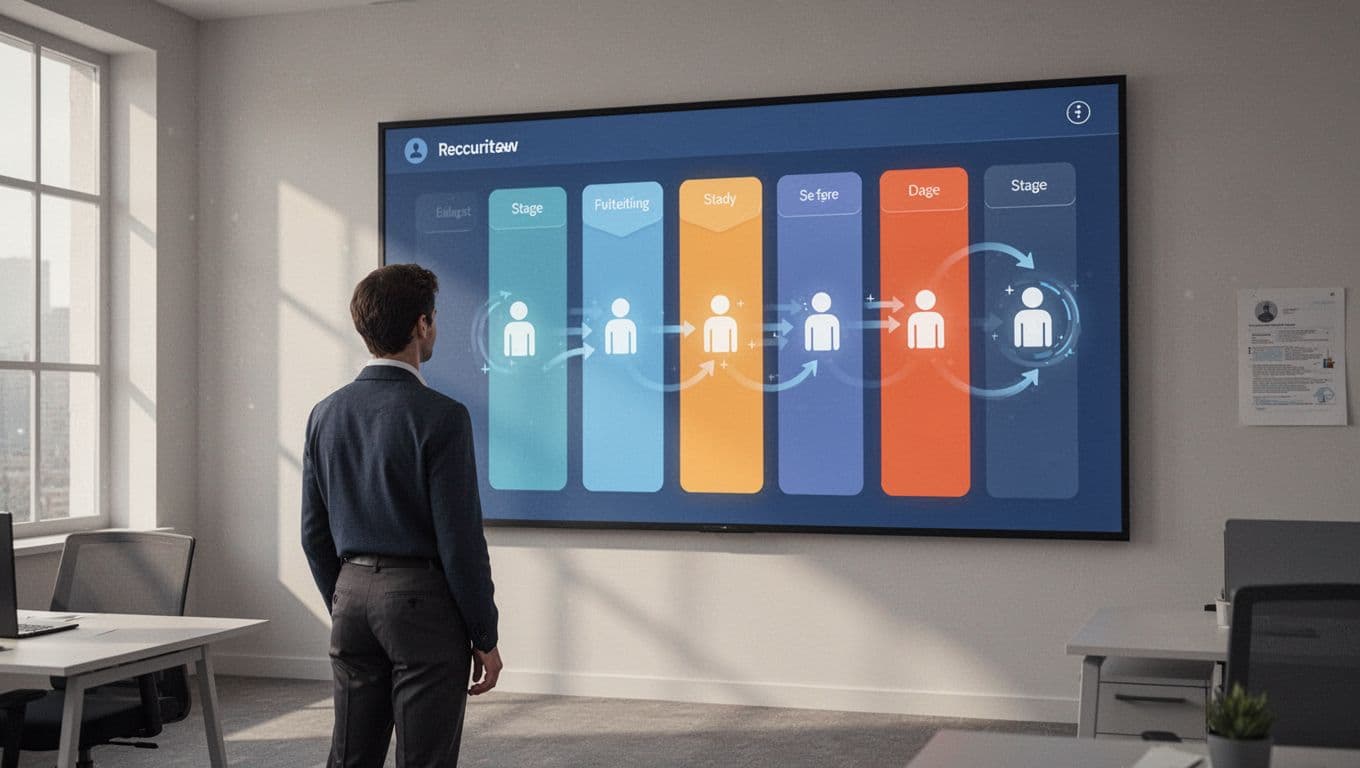 Kanban board displays recruitment stages with candidate icons moving via automation arrows, viewed by one recruiter on large screen.