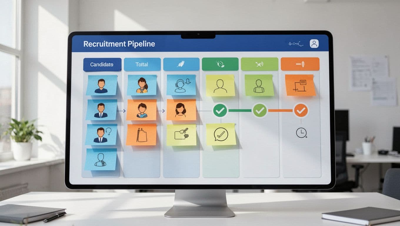 Illustration of a colorful Kanban board on a digital screen displaying recruitment pipeline stages with candidate cards, sticky notes, and progress indicators against a minimalist office background.