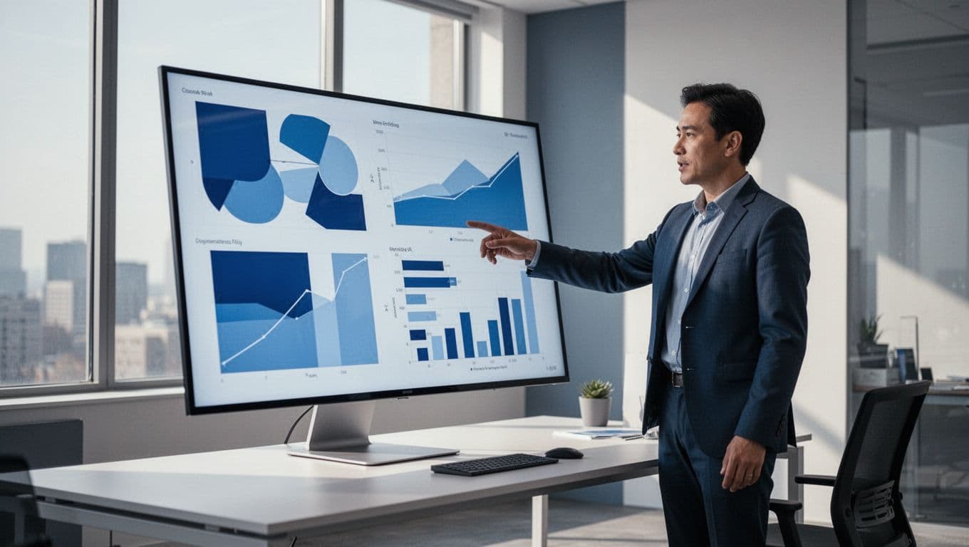 One person points relaxed at a large angled monitor showing recruitment charts for placements, revenue, pipeline, and velocity in a modern office.
