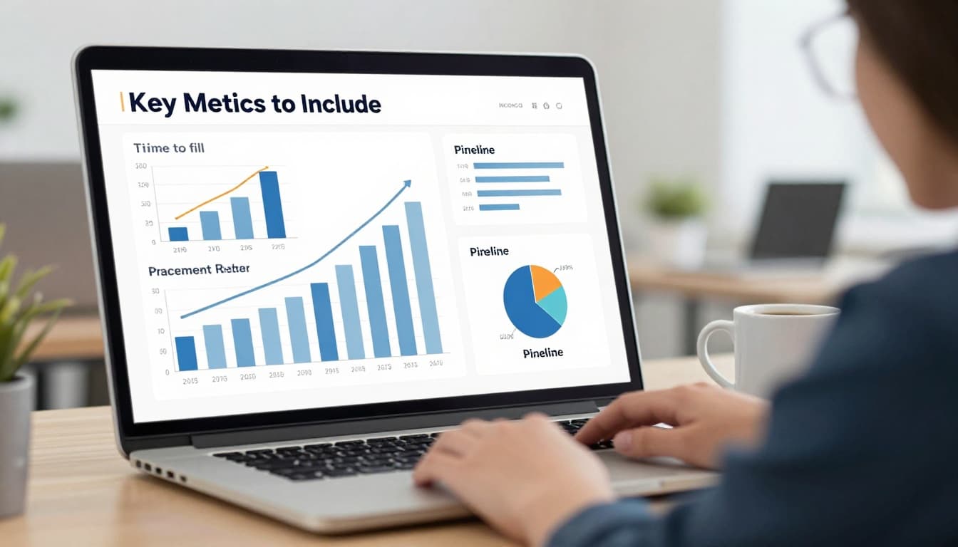 Recruiter at desk views laptop screen showing recruitment dashboard with time-to-fill bar graph, placement pie chart, and pipeline funnel.